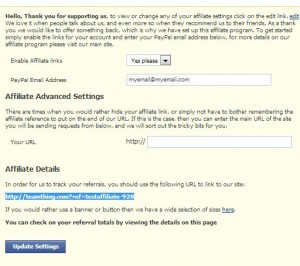 Use the affiliate settings screen to input your PayPal email address and view your affiliate link